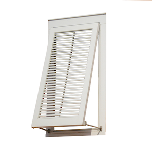 As shown here, our aluminum Bahama hurricane shutters use arms to prop open at the bottom